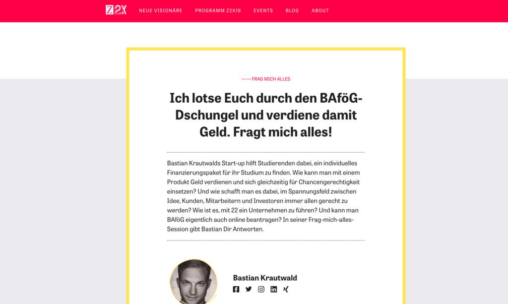 Freu mich beim #Z2X Festival der neuen Vision von der ZEIT u.a. neben tollen Speakern wie <a href="/Luisamneubauer/">Luisa Neubauer</a> , <a href="/therealsaranuru/">Sara Nuru</a> oder <a href="/nicosemsrott/">UWUWORT</a> auf der Bühne stehen zu können und 1-Stunde alle Fragen zu beantworten.

Zum gesamten Programm 👉🏼 z2x.zeit.de/z2x19-programm