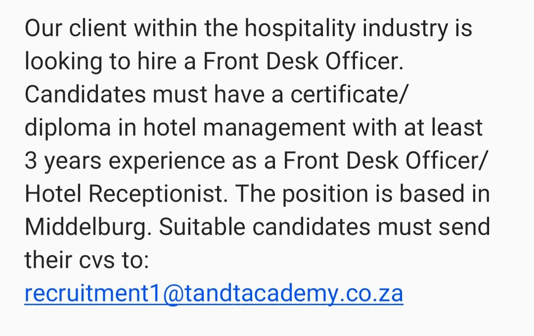 Our client is looking for a Front Desk Officer in the hospitality industry 📝

Suitable candidates can send thier Cvs to recruitment1@tandtacademy.co.za 
#jobshiring #Jobalert #TandtAcademy #FrontDeskOfficer #jobsearch