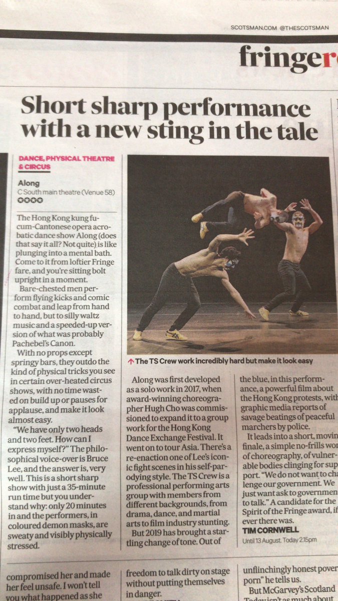 TSCrew3's tweet photo. ★★★★ review by The Scotsman: “Short sharp performance with a new sting in the tale” @TSCrew3 @TheScotsman @along @Cvenues #EdFringe19 @edfringe #tscrew #along https://t.co/HSwyGTi5UR