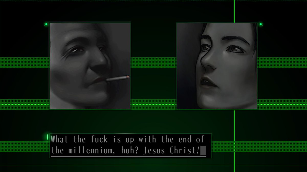 The Silver Case a étonnamment bien vieilli pour un jeu, non pas aussi vieux, mais aussi ancré dans son époqueOn est en pleine fin des 90s, les tueurs en série sont à la mode, l'angoisse/excitation de l'arrivée de l'an 2000 augmente, internet grandit de + en +