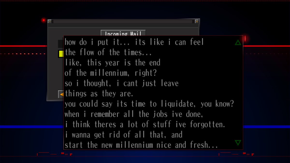 The Silver Case a étonnamment bien vieilli pour un jeu, non pas aussi vieux, mais aussi ancré dans son époqueOn est en pleine fin des 90s, les tueurs en série sont à la mode, l'angoisse/excitation de l'arrivée de l'an 2000 augmente, internet grandit de + en +