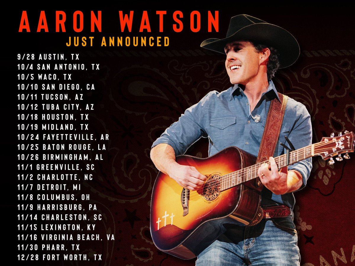 JUST ANNOUNCED! More tour dates on the Red Bandana Tour! Head over to aaronwatson.com for details. I’ve been having so much fun playing these new songs, and I can’t wait to come play them in your city!