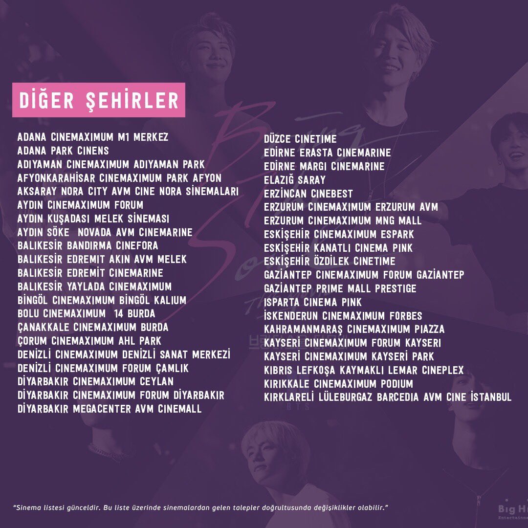 BTS: The Movie filminin 7-11 Ağustos tarihleri arasında vizyonda olacağı sinemalar 😊