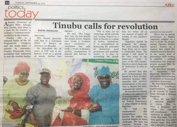 On Tuesday September 30, 2014, the HYPOCRITE, Bola <a href="/AsiwajuTinubu/">Bola Ahmed Tinubu</a>, called for a REVOLUTION against then President <a href="/GEJonathan/">Goodluck E. Jonathan</a>. Nobody ARRESTED, CAUTIONED or interfered with his right to FREE SPEECH. What the <a href="/OfficialAPCNg/">APC Nigeria</a> GAVE, they can't TAKE. 

#FreeLeahSharibu #RenosDarts