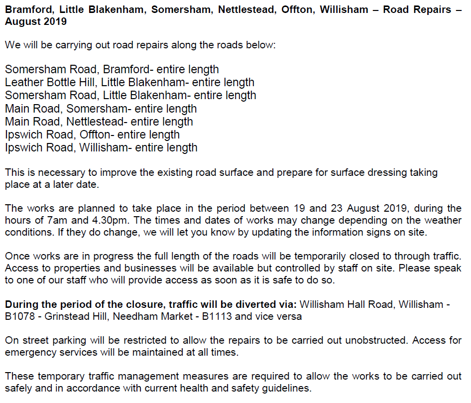 Suff_highways's tweet photo. Road repairs will be taking place along various roads in #Bramford #LittleBlakenham #Somersham #Nettlestead #Offton #Willisham between 19 and 23 August, please see below for full details of the works. #Suffolk https://t.co/ILdQS7eTa4