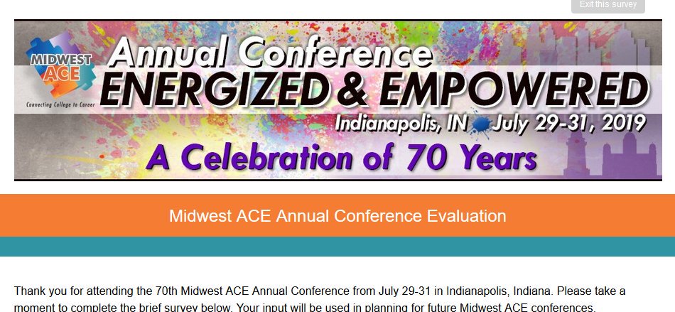 Midwest_ACE's tweet photo. Did you attend #MWACE19? It was so wonderful to connect in #Indy this year! Check your email and be sure to take a few minutes to share your feedback via the evaluation survey you recently received. 💻📱 We look forward to hearing from you!! #MWACE #EnergizedAndEmpowered https://t.co/Z0Av1AKkBR