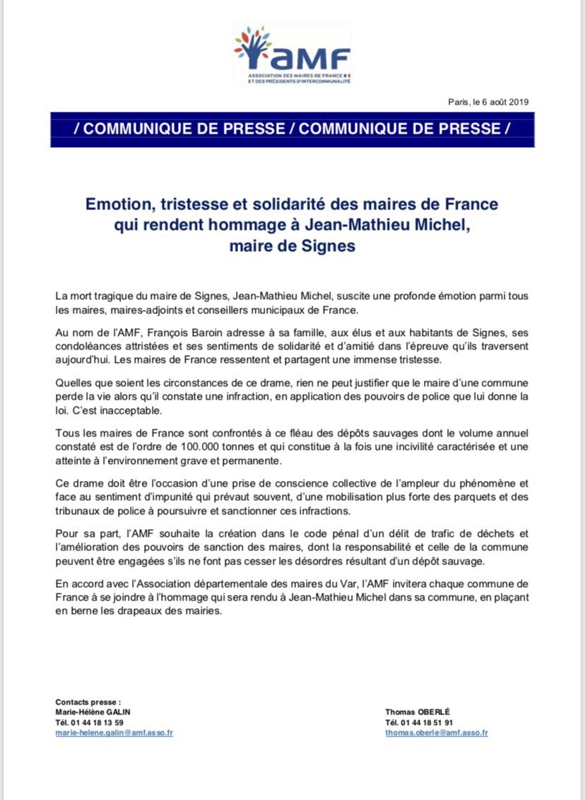 Communiqué de l'Amf suite à la mort du maire de Signes.