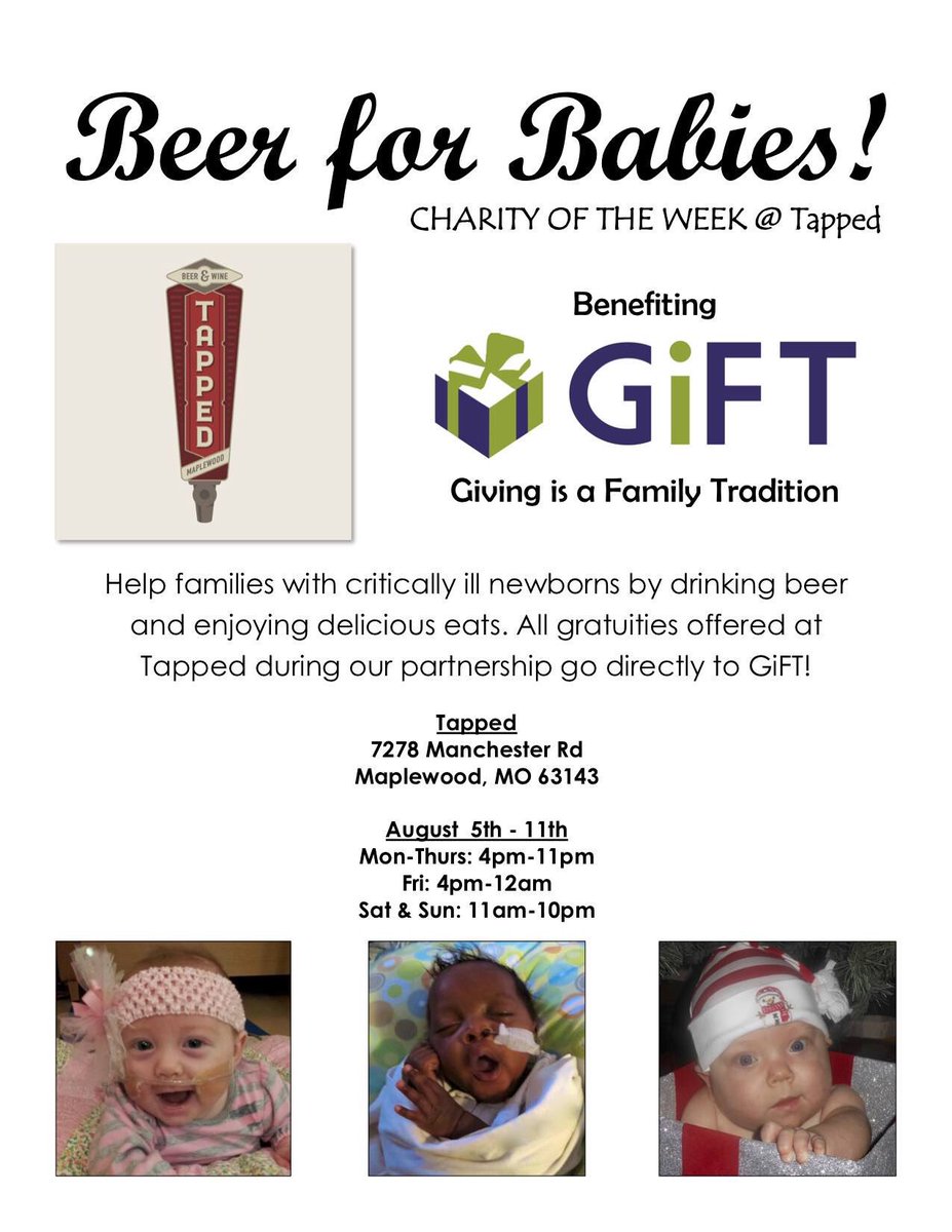 SJacobsCowetaGA's tweet photo. Head to @TappedStL this week to support @GiFTdotORG #beerforbabies https://t.co/2VUvJ0igJw