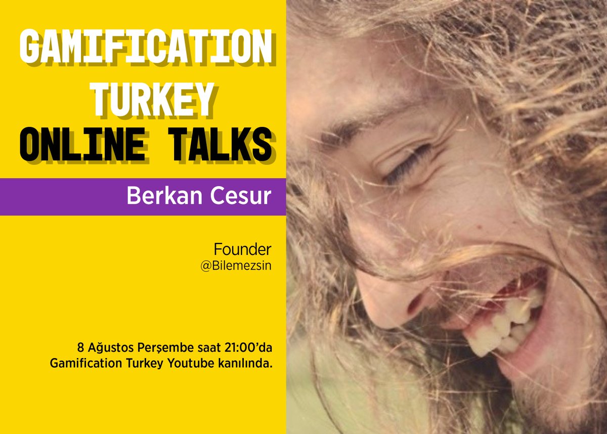 gamification_tr's tweet photo. Bilemezsin'in kurucusu @berkan_cesur ile 8 Ağustos Perşembe günü 21:00'da #GamificationTurkeyOnlineTalks gerçekleşecektir!
Konuşmayı canlı olarak Youtube kanalımızdan izleyebilirsiniz.
Youtube> https://t.co/pwK3QO7e7R
#Gamification #Oyunlastirma #GT https://t.co/dCr2LSjgkU