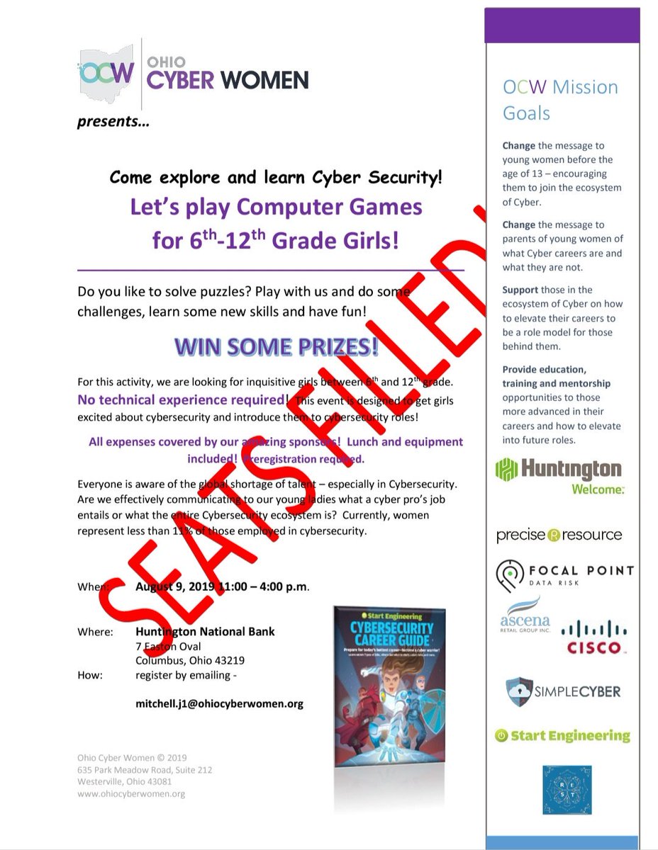 OhioCyberWomen's tweet photo. Excited for Friday August 9.2019!  Helping teach 20 6th -12th girls cybersecurity skills @Huntington_Bank ! #CyberSecurity #cybergirl #cbus #Empowerment https://t.co/RnoDOGtSYA