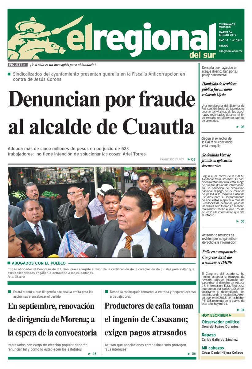 regionalmorelos's tweet photo. ¡Hoy en nuestra portada!

Denuncian por fraude al alcalde de Cuautla

#DanoColateral #Vera #Fraude #IMIPE #MORENA #Casasano @eolopacheco https://t.co/UNJJi0ZyYF