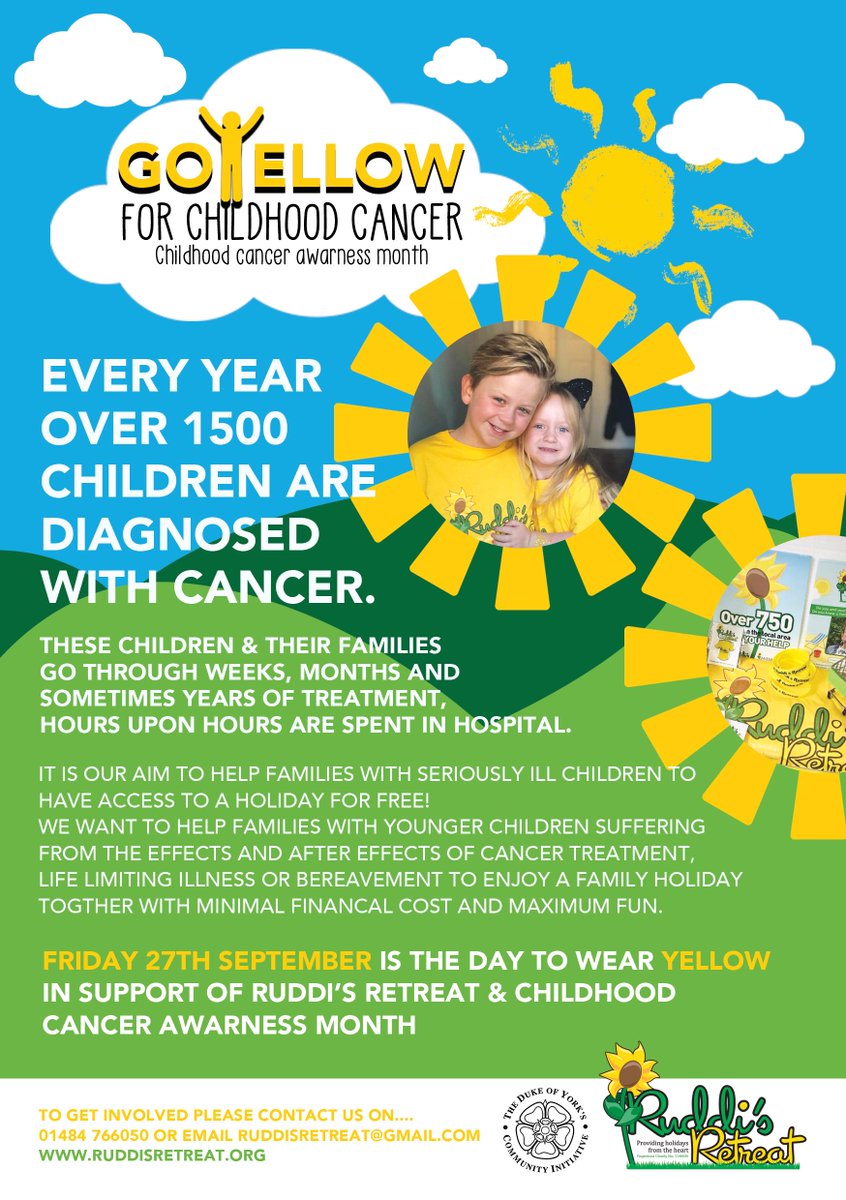 Ruddisretreat's tweet image. Its nearly September which is #ChildhoodCancerawarenessmonth
@Ruddisretreat NEED as many people and companies to #GoYellow for us to help us raise much needed funds.
Please get involved if you can.. Just £1.00 each from you can make a HUGE difference to our campaign