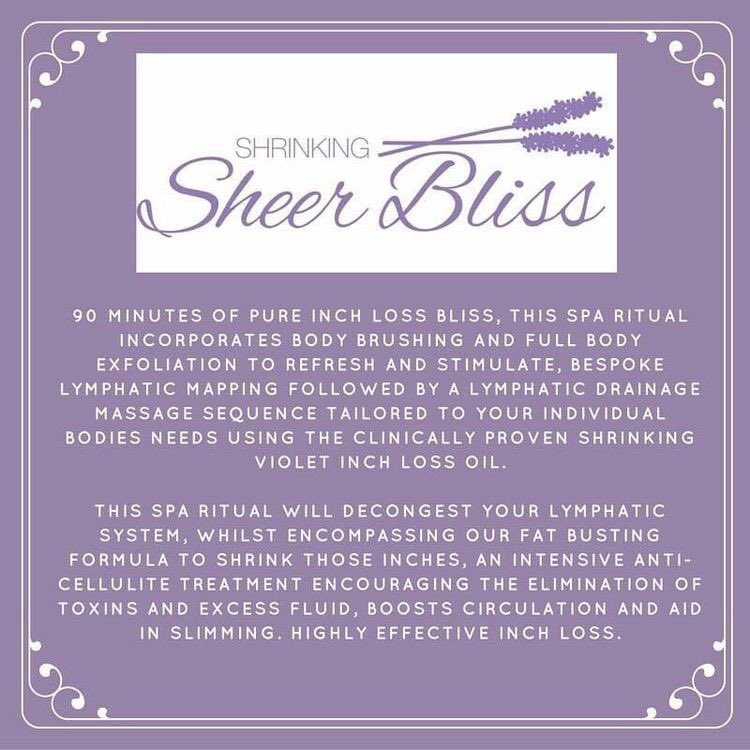 Shrinking Sheer Bliss Treatment
A manual lymphatic drainage massage combined with Shrinking Violet Slimming Solution.
Clinically proven Shrinking Violet professional body oil combined with manual lymphatic drainage