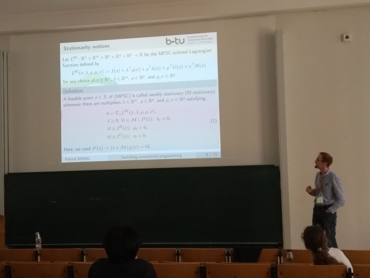 matbesancon's tweet image. Patrick Mehlitz on switching constraints and disjuncive optimization #iccopt2019 #MathOpt