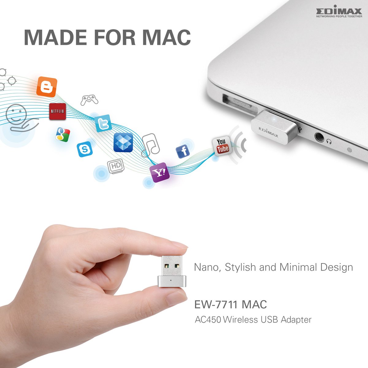 EdimaxME's tweet photo. Plug it and Forget it 😀, #Edimax EW-7711MAC 11ac Adapter is made for Mac notebook and desktop computers. Nano, stylish and minimal design, compatible with 802.11ac standard and delivering speeds of up to 433Mbps at 5GHz to enjoy more a better wireless experience with the fast, https://t.co/2B89lwZB4j