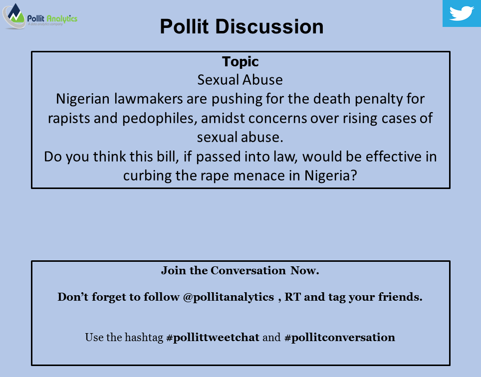 PollitAnalytics's tweet photo. Lawmakers are pushing for the death penalty for rapists and pedophiles, amidst concerns over rising cases of sexual abuse.
Do you think this bill, if passed into law, would be effective in curbing the rape menace in Nigeria?
#Pollitdiscussion #pollittweetchat https://t.co/vnCc55uZOa