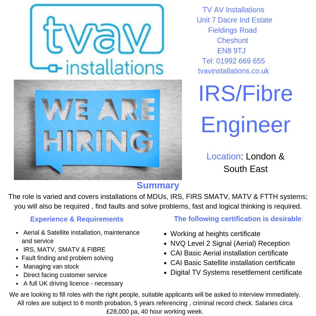 TVAVinstall's tweet photo. We are looking to hire an IRS / Fibre Engineer! The role is varied and covers installations of MDUs, IRS, FIRS SMATV, MATV &amp; FTTH systems. If you believe that you are the right candidate for this role, kindly email your CV to richard@tvavinstallations.co.uk https://t.co/hs3k2SozDE