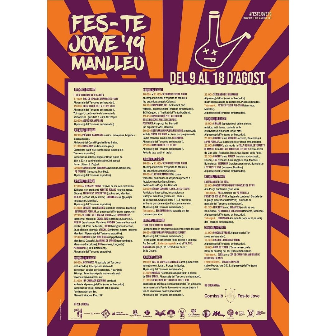 Els nostres companys de <a href="/FesteJove/">Fes-te Jove Manlleu</a> ja tenen la programació d'aquest 2019! Gaudim d'una #festejove19 plena d'activitats!! 🎊
Nosaltres hi serem, i vosaltres?
#manlleu #festejove