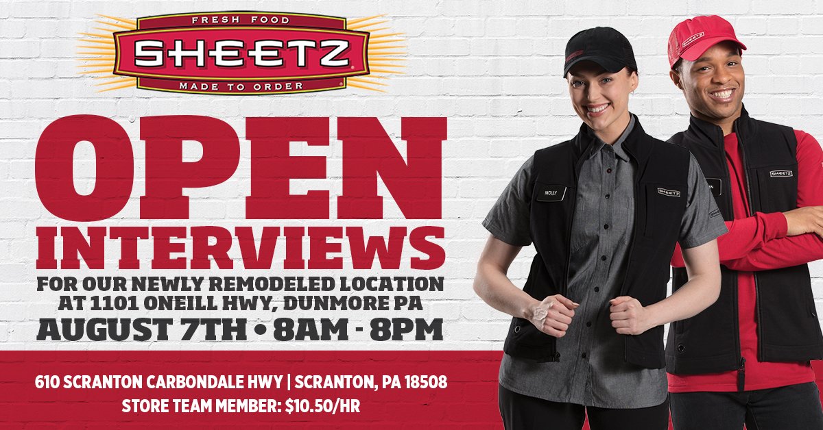 SheetzJobs's tweet photo. Come out to our open interviews tomorrow 8/7 for our newly remodeled #Dunmore, PA location. Bring a friend too if they need a job! See pic below :) 
.
.
#SheetzJobs #DunmoreJobs #PAjobs #Retail #Jobs https://t.co/xybPsbLeSR