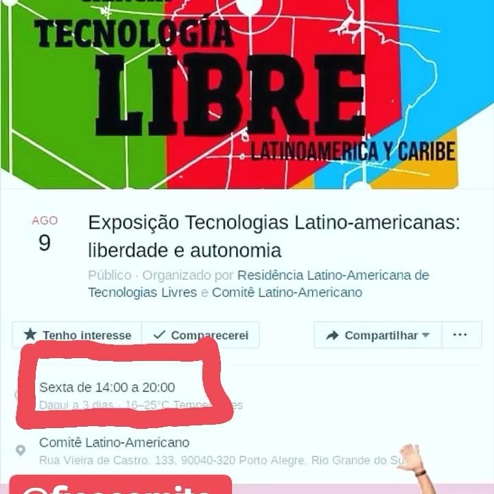 regosh_libre's tweet photo. A Exposição de Tecnologias Livres Latino-americanas é nessa Sexta-feira, as 14h, no Comitê Latino-americano! Venha conhecer os residentes e os projetos desenvolvidos na Residência! Mais detalhes no evento:
https://t.co/FuxukFBmDN
#regosh #rescta2019 https://t.co/qjdxCP7PkO