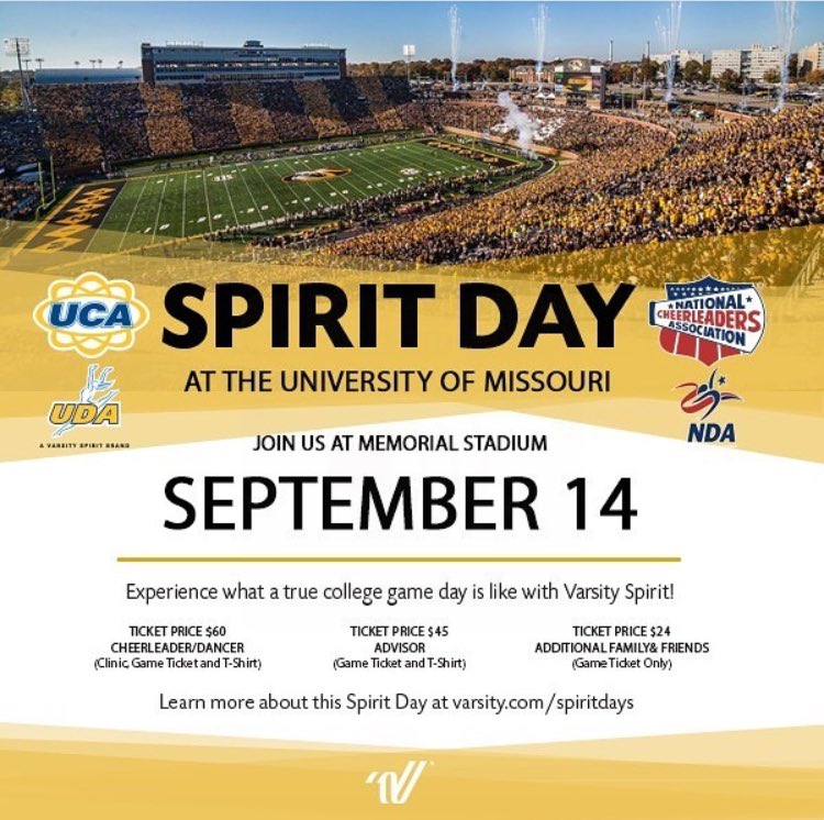 Join us on September 14 for some Game Day Spirit! Check out varsity.com/spiritdays for more information on our Spirit Day at Mizzou! 💛🐯 #MIZZOU #VarsitySpiritDays