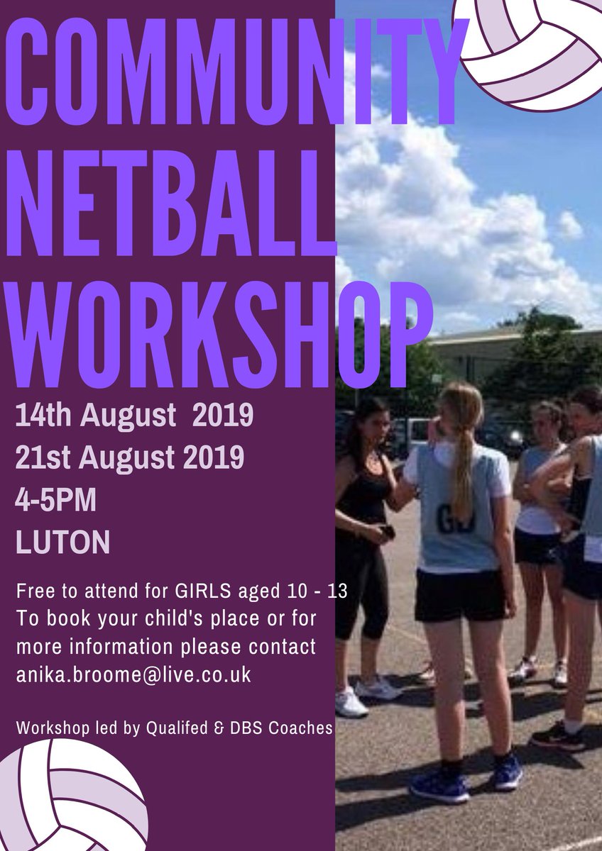 Elthornetwyford's tweet image. Our Lead Junior Coach at Elthorne &amp;amp; Twyford NC will be hosting a FREE community Netball workshop in LUTON this summer. If you have a daughter, niece or granddaughter who would be interested please get in touch with Anika to book or for more information. #Netball #Luton