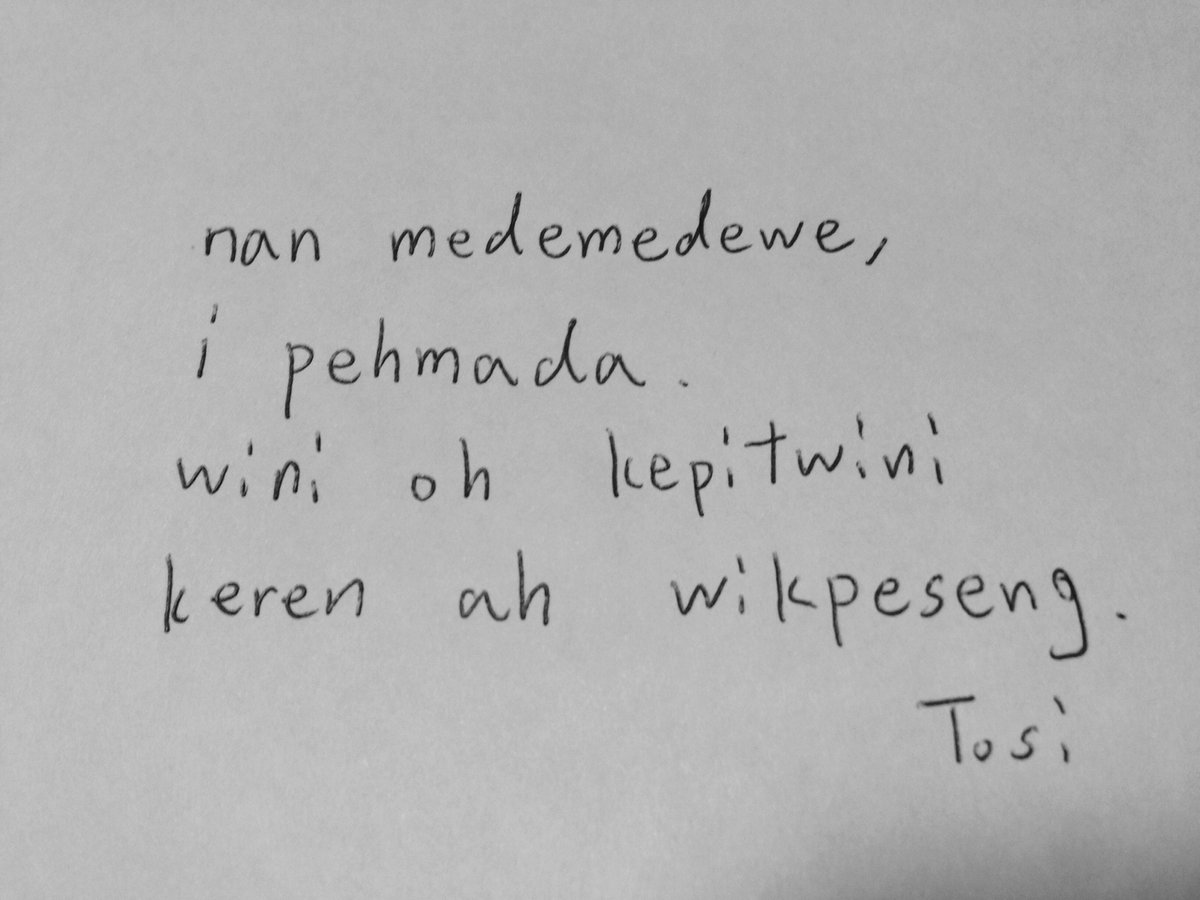 rgX4jIAzoHVF860's tweet image. Ngehi mehn Sapahn.
I ntingih koul nan lokaiia en Pohnpei.
#Pohnpeian #Micronesia #calligraphy