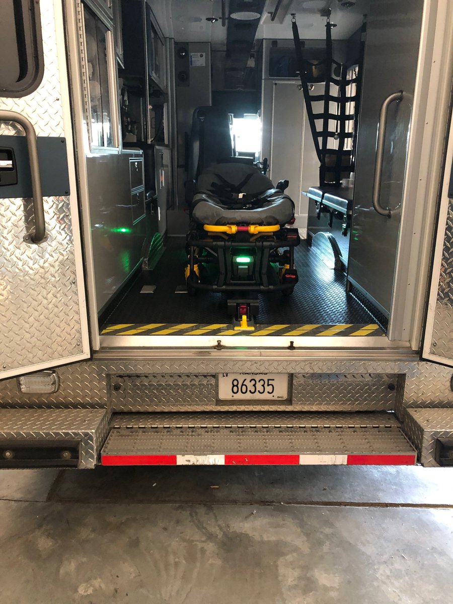 LVCountyKS's tweet photo. Pat Morey, EMS Operations Manager showing off the Stryker Automatic Loading Stretcher. All LVCO ambulances have been fitted with Power-LOAD Systems to improve both operator and patient safety by supporting the cot throughout the loading and unloading process. https://t.co/NA7u298aLt