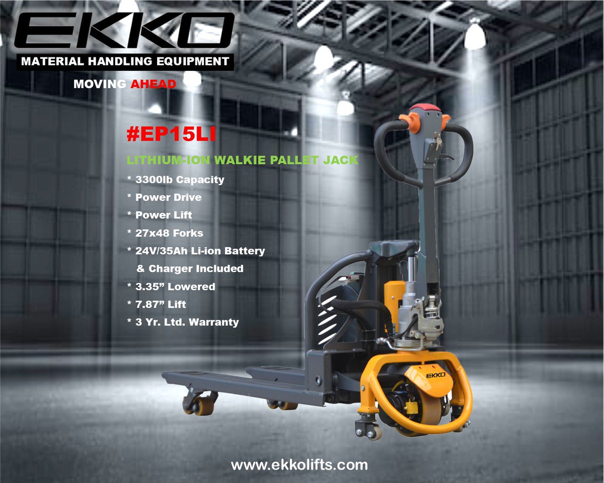 EKKOlifts's tweet photo. #EP15LI Lithium-ion Powered Electric Pallet Jack 3300#, 24V/35Ah Battery Pack by EKKO is in stock and ready to ship. Contact us for you local dealer. (877) 232-6517 info@ekkolifts.com https://t.co/WHEJyJileT 🇺🇸 #ekkolifts #ekko #forklift #palletjack #pallettruck #palletjacks #3pl https://t.co/4OpqeAOoB9