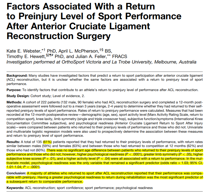 PhysioMeScience's tweet photo. Factors Associated With a Return to Preinjury Level of Sport Performance After Anterior Cruciate Ligament Reconstruction Surgery

🦵🦵🦵👇👇👇

https://t.co/YDzRnSS3Gk https://t.co/KQtFxMM11O