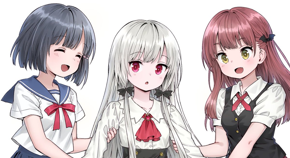 multiple girls 3girls long hair ribbon closed eyes white background smile  illustration images