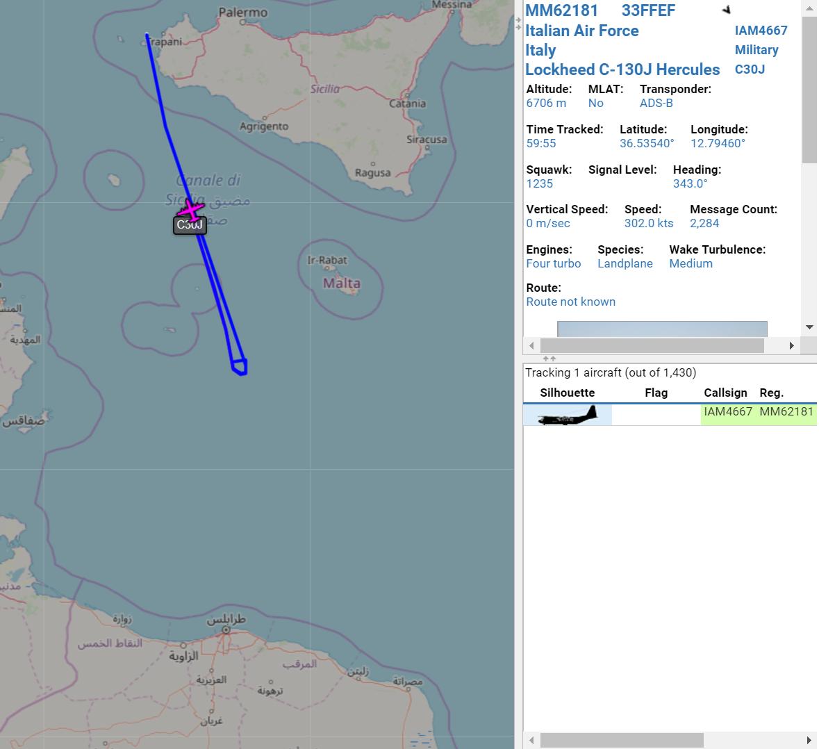 scandura's tweet photo. @RadioRadicale 3⃣
2019-08-06
1215z ⏱️ 14:15 CEST
🛩️ Italian Air Force 🇮🇹 Lockheed C-130J Hercules #MM62181 between DOKIK - VARIG waypoints:
↩️ it seem that #IAM4667 aborted the route to Misrata (#MIASIT mission).
#Libya #Misrata #Libia #Misurata 💣💥 https://t.co/zzfnx6pEWp