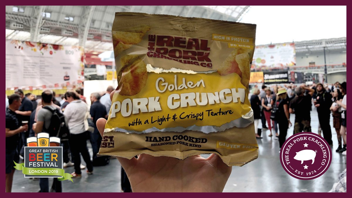 RealCrackling's tweet photo. We’ve arrived! Come find us at the Great British Beer Festival, all week till Saturday. Loads of porky goodness to be had. @gbbf #gbbf  #gbbf19 #realpork https://t.co/YojpH8UyqM