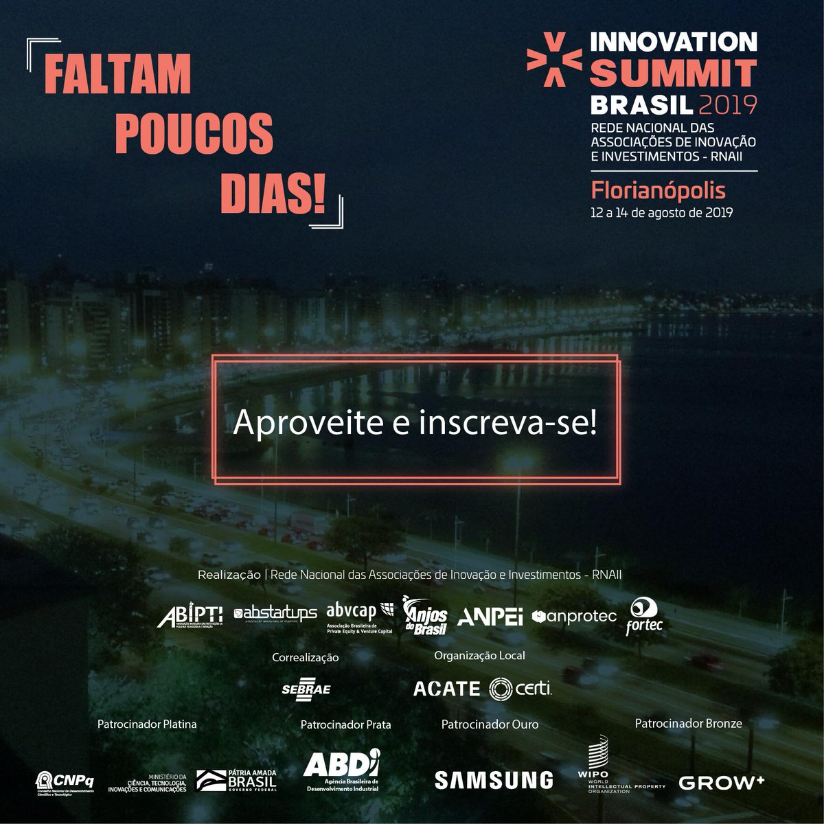ABVCAP's tweet image. Faltam exatamente 6 dias para o Innovation Summit Brasil 2019 e hojé é o último dia para pagamento com boleto bancário. innovationsummitbrasil.com.br/#innovationsum…