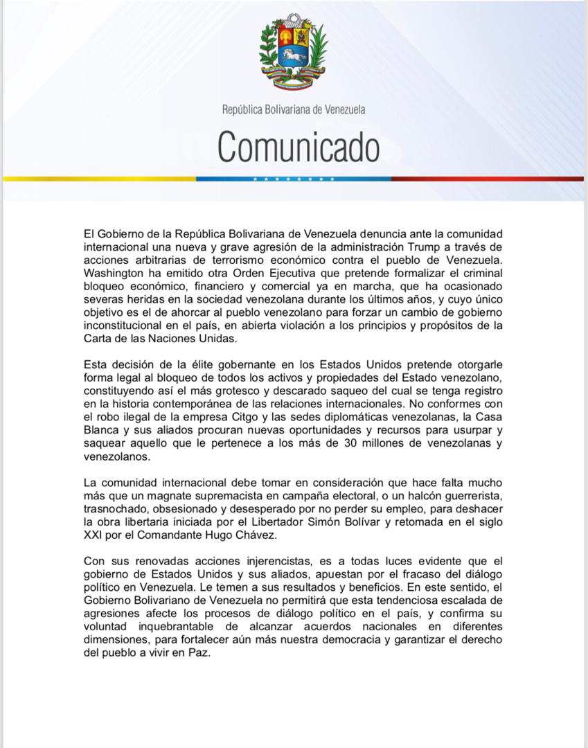 jaarreaza's tweet photo. COMUNICADO| Venezuela denuncia ante comunidad internacional nueva Orden Ejecutiva de EEUU que pretende formalizar el criminal bloqueo económico, financiero y comercial contra los venezolanos, y cuyo objetivo es el de forzar un cambio de gobierno inconstitucional en el país. https://t.co/8d4UAlY7fI