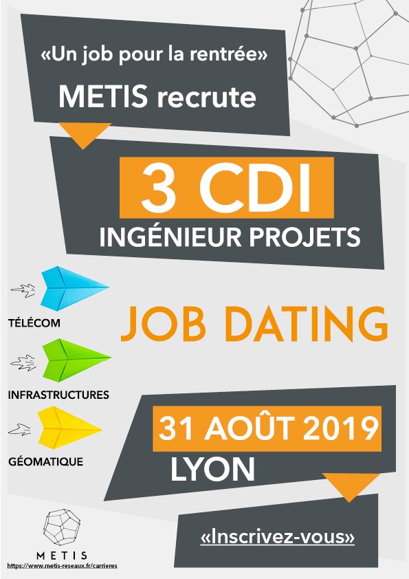 ALERTE  #METISEVENT : Un job pour la rentrée ? 💼
#METIS propose 3 CDI Ingénieur projets ! Rendez-vous samedi 31 août 2019 et tentez votre chance d’intégrer la Team METIS dans un Job Dating ! 👍
Pour y participer, inscrivez-vous en cliquant sur ce lien ➡swll.to/UQuODJt