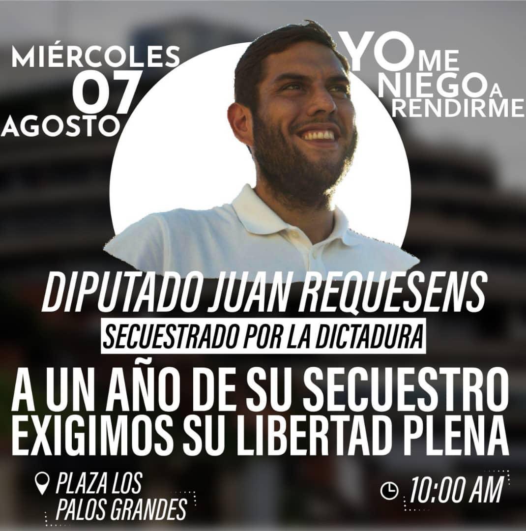 jguaido's tweet photo. A 1 año del secuestro de mi hermano, el Diputado @JuanRequesens, nos mantenemos de pie, luchando para que todos los están tras las rejas vuelvan a la Libertad. 

Por eso, mañana #7Ago, nos vemos en la Plaza de Los Palos Grandes. Porque, como Juan, Venezuela se niega a rendirse. https://t.co/aJakqsBHyl