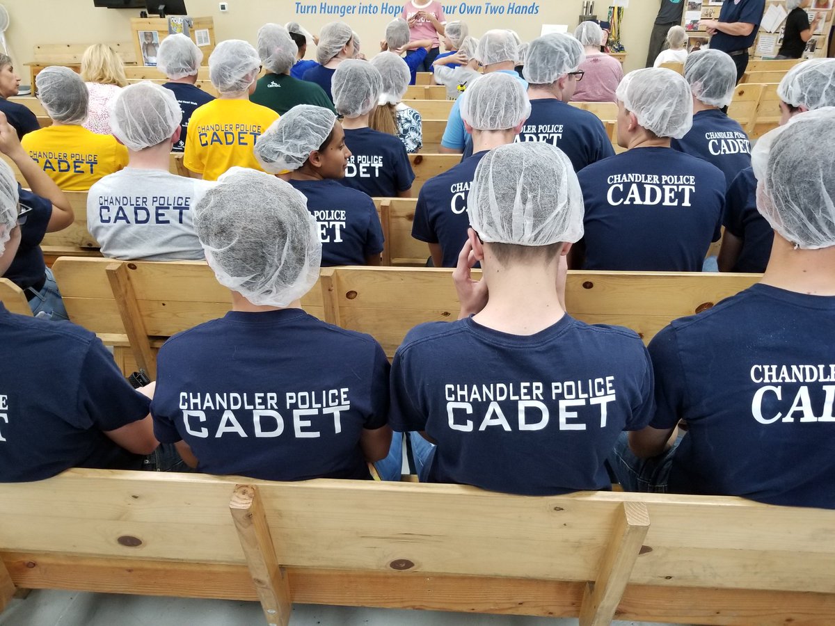 CPDCadets's tweet photo. Last night, the @ChandlerPolice @CPDCadets were volunteering at @fmsc_org packing meal boxes for children around the world. Very rewarding experience!  #givebacktothecommunity #communityservice https://t.co/5FvhpKWOvL
