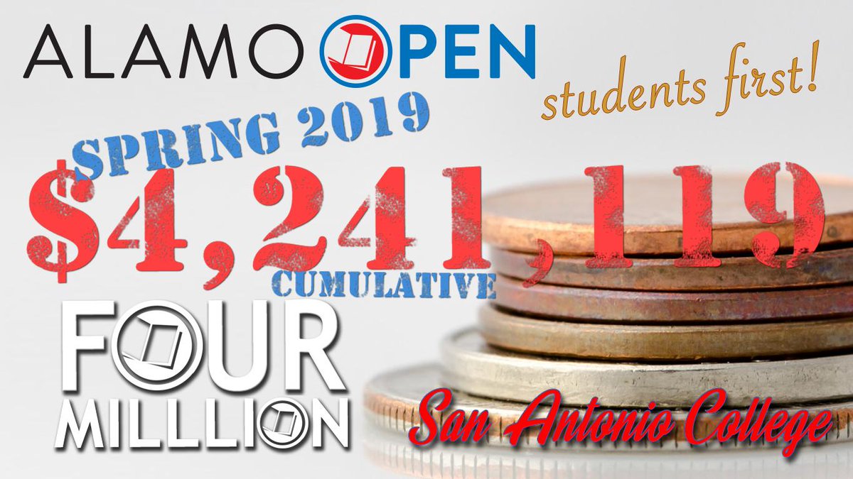 AlamoOpen's tweet photo. @SAC_PR is proving #everyPENNYcounts.  When you truly put #studentsfirst amazing things can happen.  Over #4Million saved in instructional materials cost using #AlamoOPEN.  #trueZEROcost #IMDirect #OER #librarydatabases https://t.co/kthAj2Ug7j