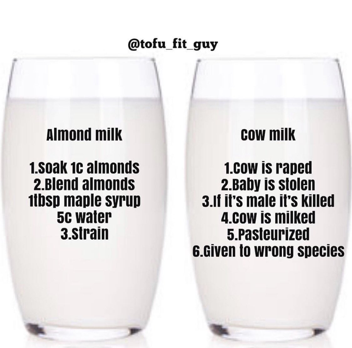 These two glasses may look the same, but couldn’t be more different. On the left we have some blended almonds, maple syrup, and water. On the right we have a glass filled with pain, abuse, misery, and death. What are you paying for? #vegan #govegan #dairyisscary #plantbased