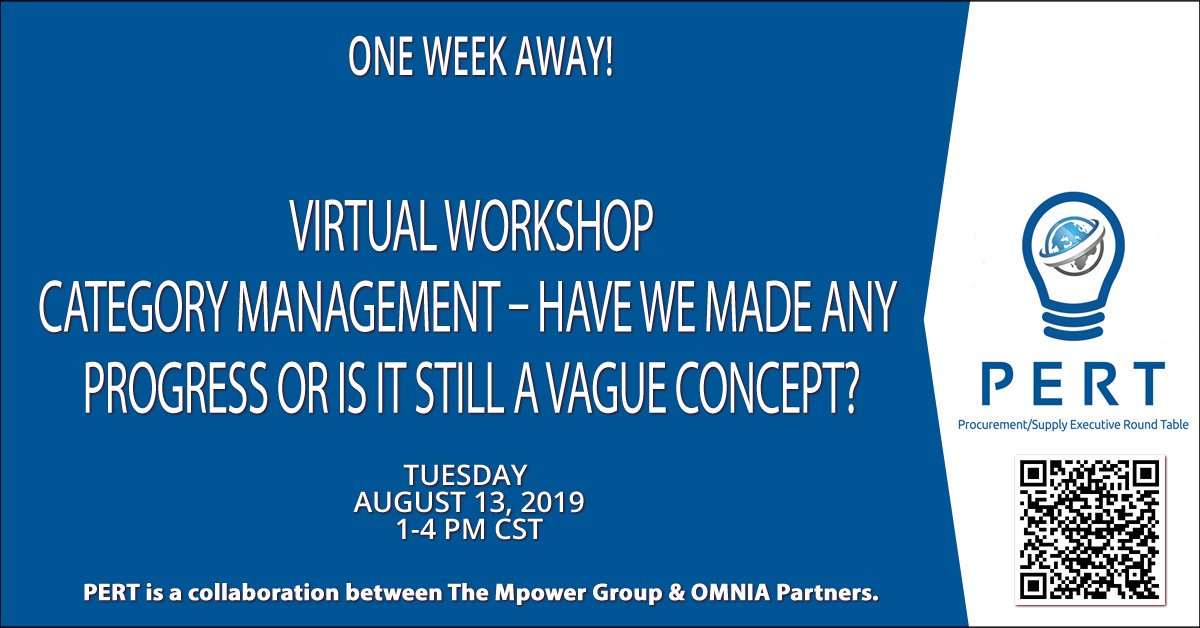 TheMpowerGroup's tweet photo. 1 Week Away- 08.13.19 1-4PM CST
https://t.co/UtZv6sZN4W
Category Management – Have we Made ANY Progress or is it Still a Vague Concept? #categorymanagement #strategicsourcing #SSvsCM #PERT #SupplyChain #virtualWorkshop #procurementleaders #roundtable #executive #procurement https://t.co/rN3JlYwoWK