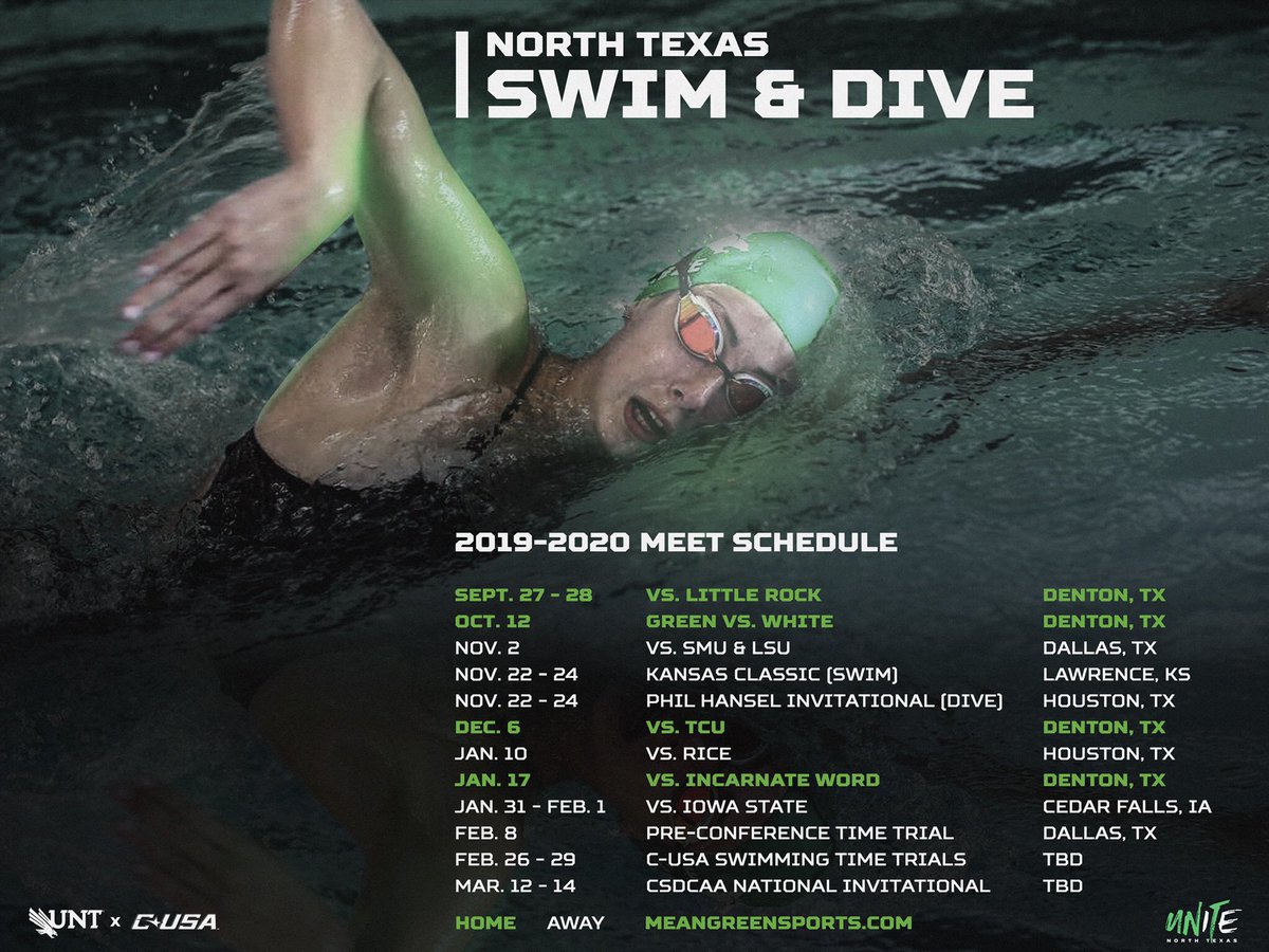 MeanGreenSD's tweet photo. Our 2019-20 schedule went live today!  Check out all the chances you have to see us swim and/or dive this season! #GMG #UNiTeNorthTexas 

📰 - https://t.co/dUQlbBNVTA
🗓 - https://t.co/SzMz0DjfBS https://t.co/Ma9rhSoBxn