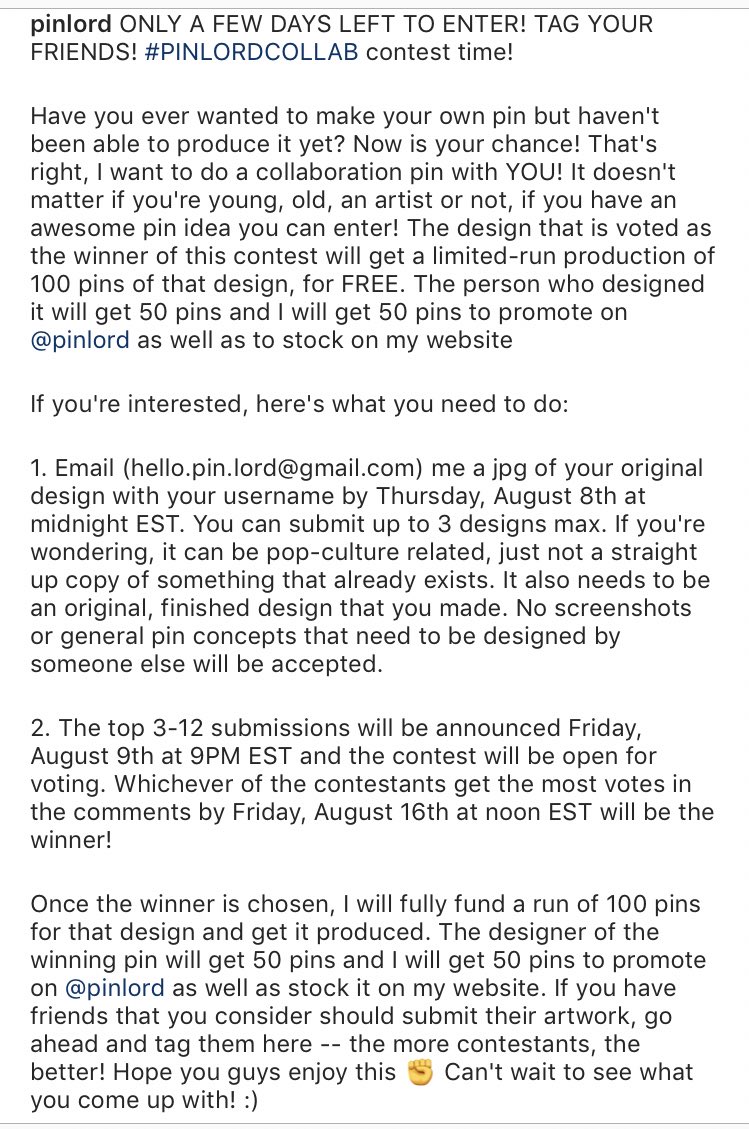 friends !! if you ever want to produce enamel pins but dont know how or havent got the resources, i suggest u go check out pinlord on ig !! theyre having a ‘collab’ where the winner will get their design(s) produced into 100pcs of pins for free !! ITS SUCH A GREAT OPPORTUNITY