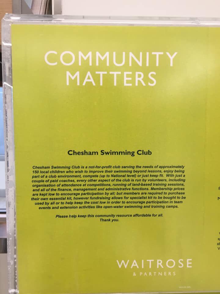 Please support our swimming club when shopping at Waitrose in Chesham during August. Every token helps 😊 #localcommunity #fundraising