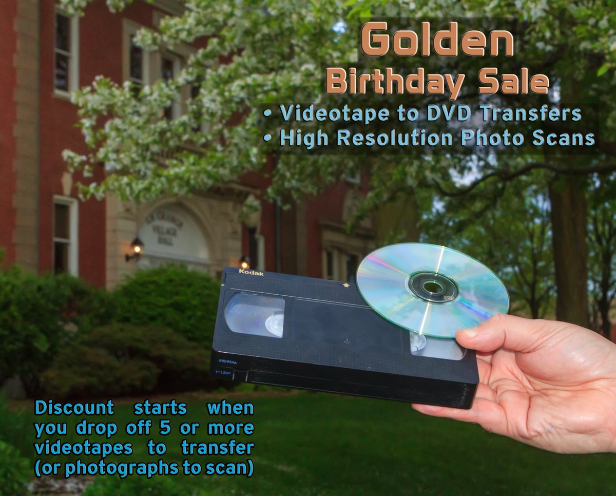 PhotoDepotIL's tweet photo. Golden Birthday Sale in August to celebrate La Grange's birthday celebrations in #lagrangeil. Bring in 5 videotapes to transfer to DVD, the 5th tape is 5% off. The 6th tape is 6% off, etc. The 50th tape &amp; thereafter is 50% off.  

#digitization #videotapes #chicago #transfer https://t.co/yJJCj0PbkX