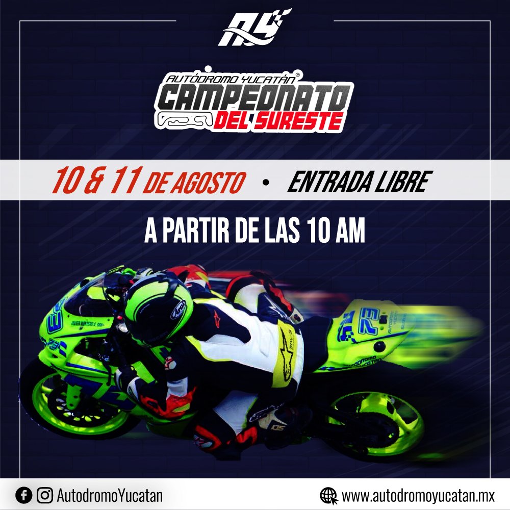 Asiste este fin de semana a nuestro ya clásico "Campeonato del Sureste" ven y apoya a tu #Escudería preferida!

¡ENTRADA LIBRE!

#CampeonatodelSureste #Motociclismo #AutodromoYucatan #EmersonFittipaldi