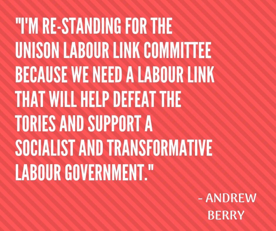 BerryLabour's tweet photo. Standing for re-election to UNISON Labour Link, for a campaigning Labour Link that stands with Jeremy Corbyn to defeat Johnsons hard right government, who will use “no deal” to drive down wages &amp; conditions and further privatise the public sector jobs. Ballot papers sent tomorrow https://t.co/qClFM9FQ6a