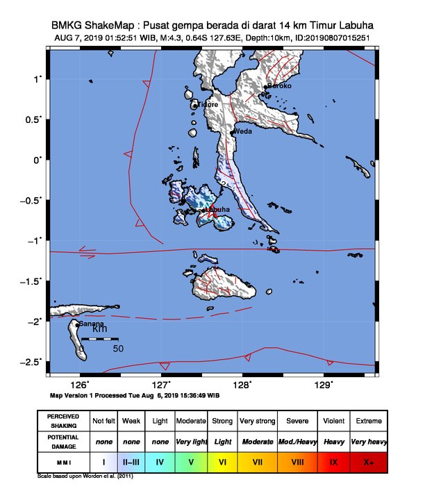 #Gempa Mag:4.3, 07-Agu-19 01:52:51 WIB, Lok:0.64 LS, 127.63 BT (Pusat gempa berada di darat 14 km Timur Labuha), Kedlmn:10 Km Dirasakan (MMI) III Bacan Timur Tengah #BMKG