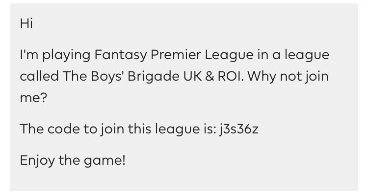 The new fantasy premier league starts up this week... A little unofficial BB league for those entering in the UK &amp; ROI; why not join and see how you fare? Anyone interested then sign on up and spread the word #boysbrigade