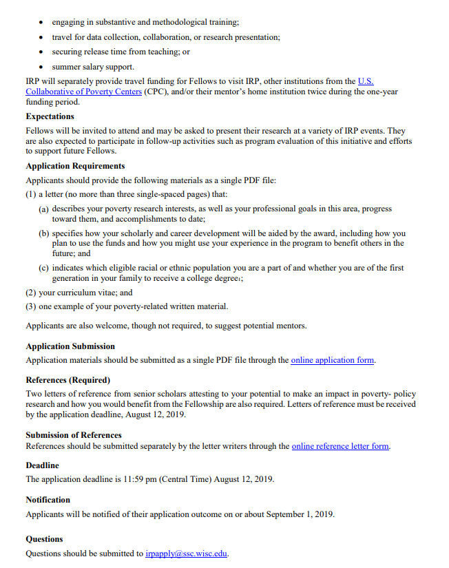Proposals for IRP's Emerging Poverty Scholars Fellowships are due on August 12. 

Read the call at irp.wisc.edu/wp/wp-content/…